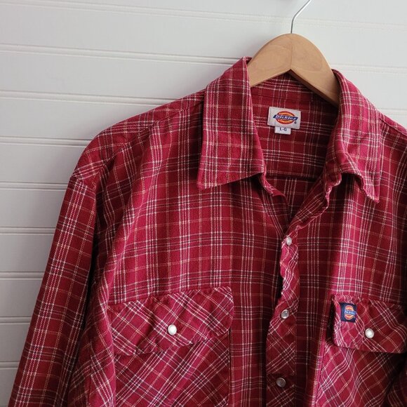 Dickies Flannel Shirt Mens Large Red Plaid Button Up Pearl Snap Pockets - Picture 2 of 9